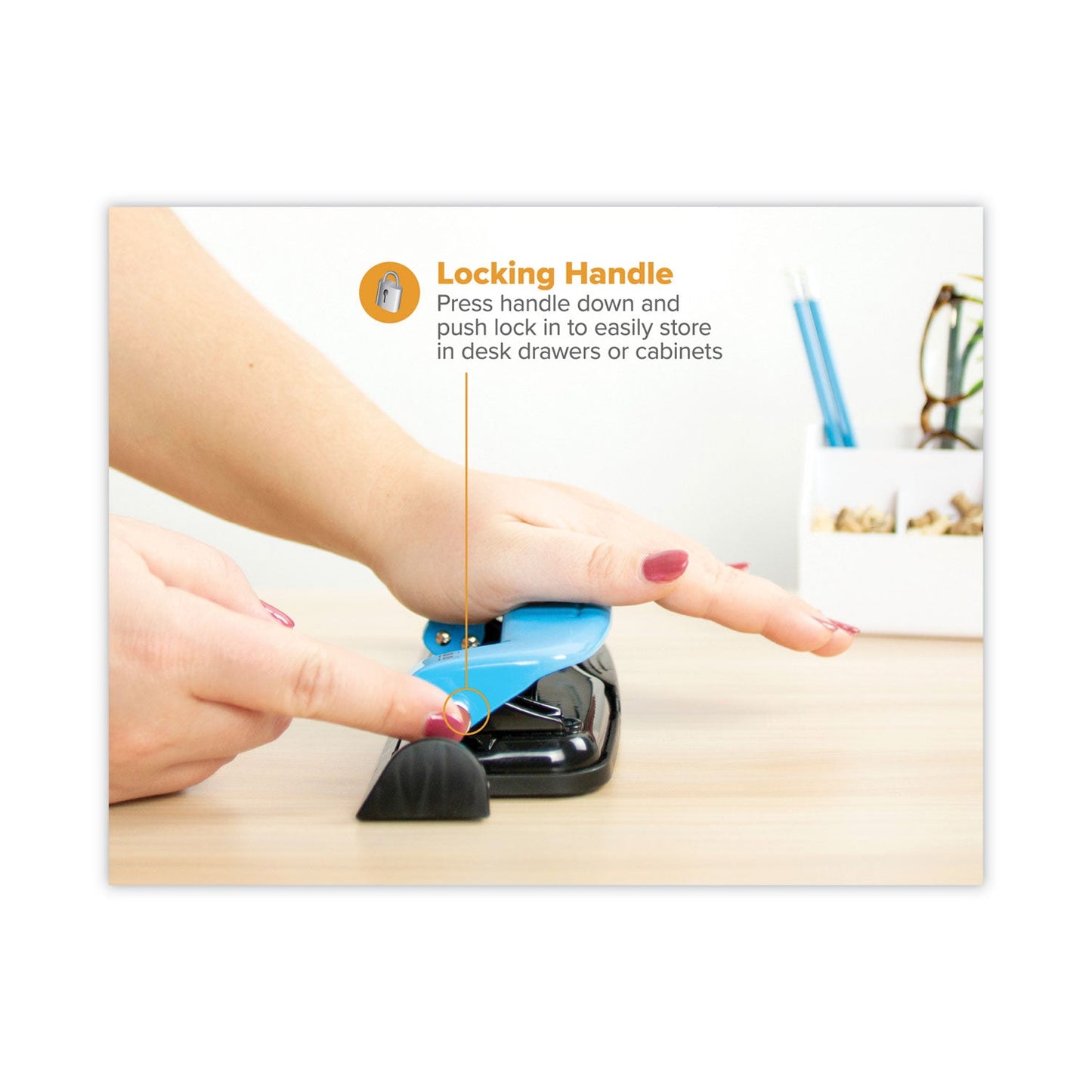 Bostitch 12-Sheet EZ Squeeze Three-Hole Punch, 9/32" Holes, Blue/Black