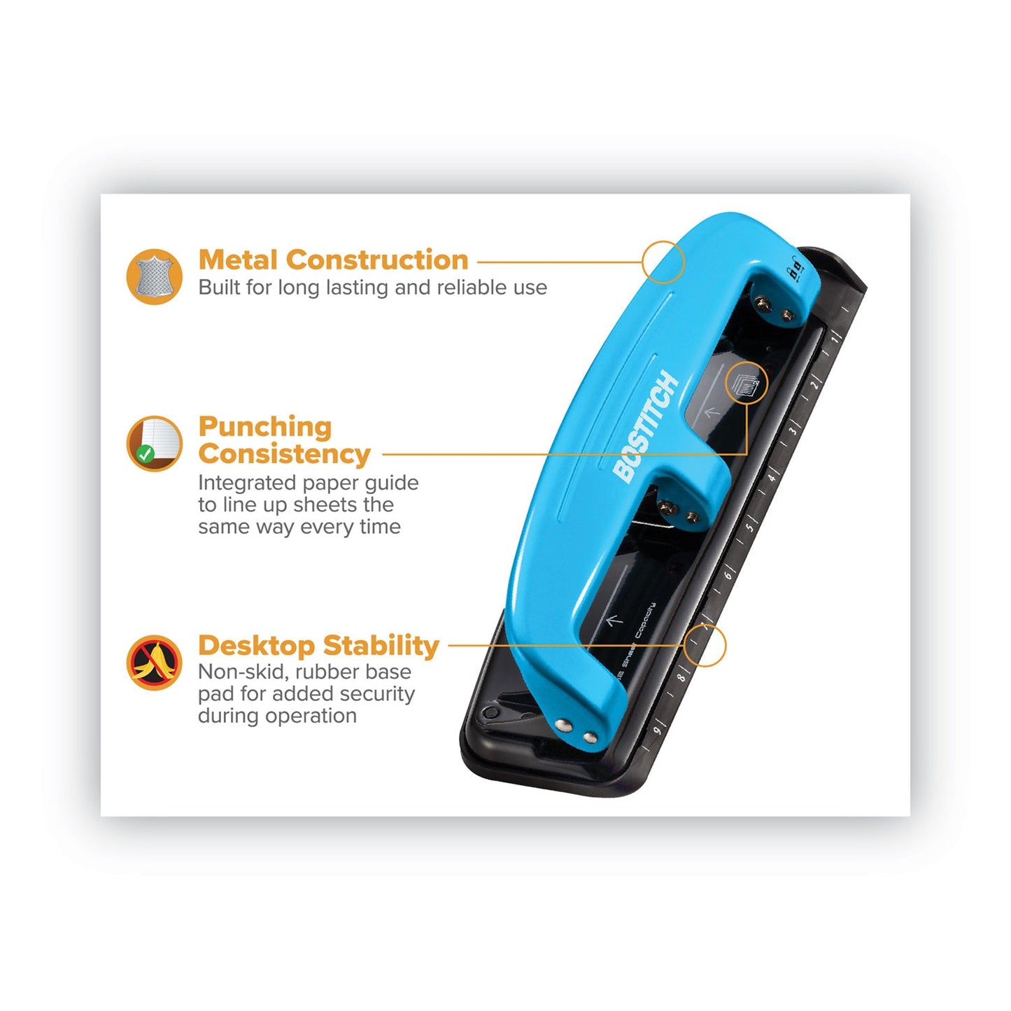Bostitch 12-Sheet EZ Squeeze Three-Hole Punch, 9/32" Holes, Blue/Black