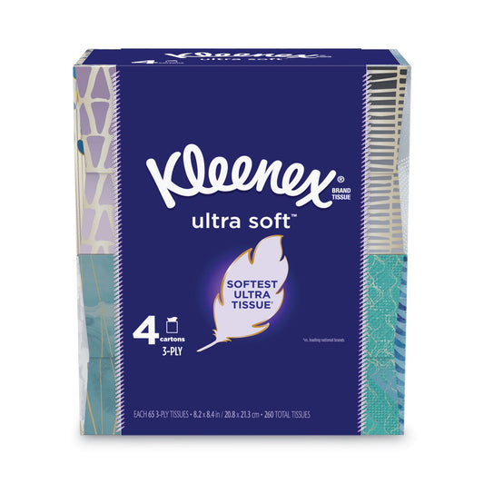 Kleenex Ultra Soft Facial Tissue, 3-Ply, White, 65 Sheets/Box, 4 Boxes/Pack, 12 Packs/Carton