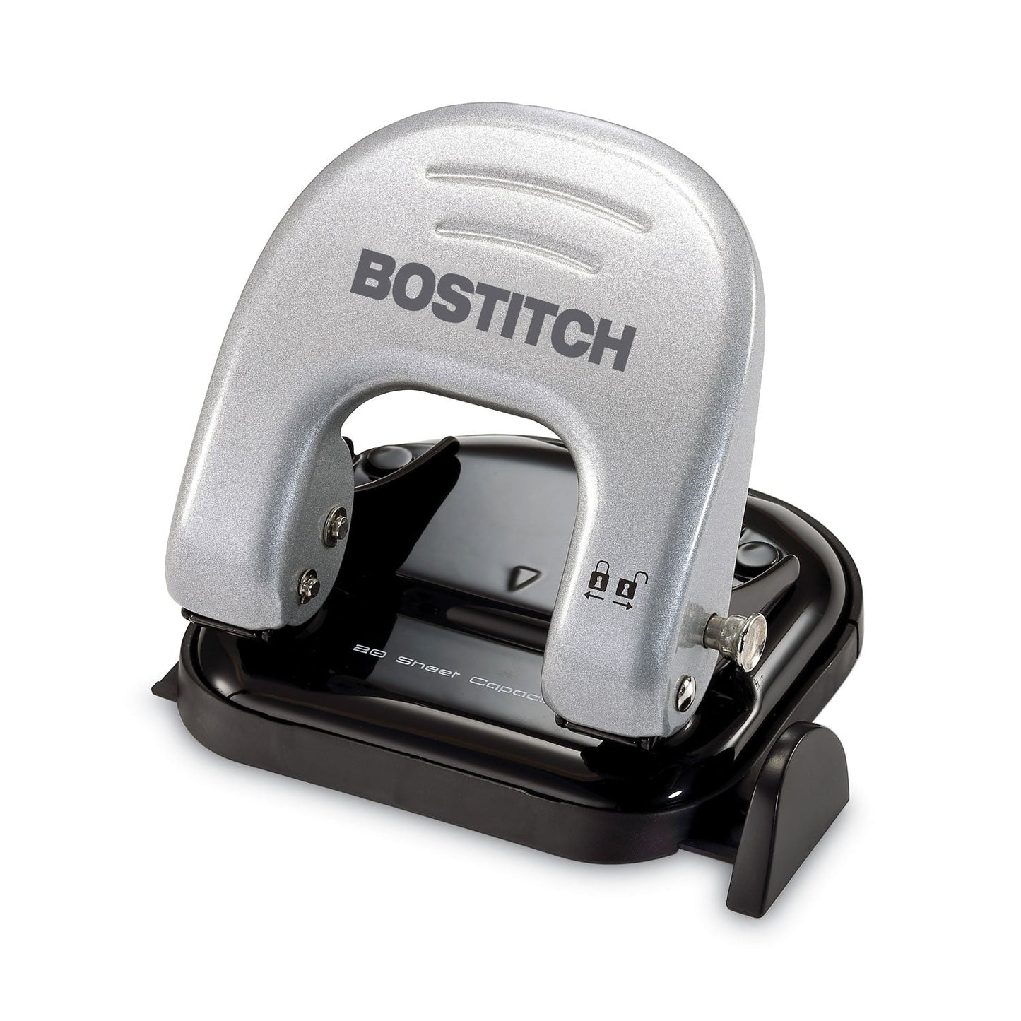 Bostitch 20-Sheet EZ Squeeze Two-Hole Punch, 9/32" Holes, Black/Silver