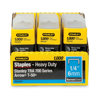 Stanley SharpShooter Heavy-Duty Tacker Staples, 0.25" Leg, 0.5" Crown, Steel, 1,000/Box