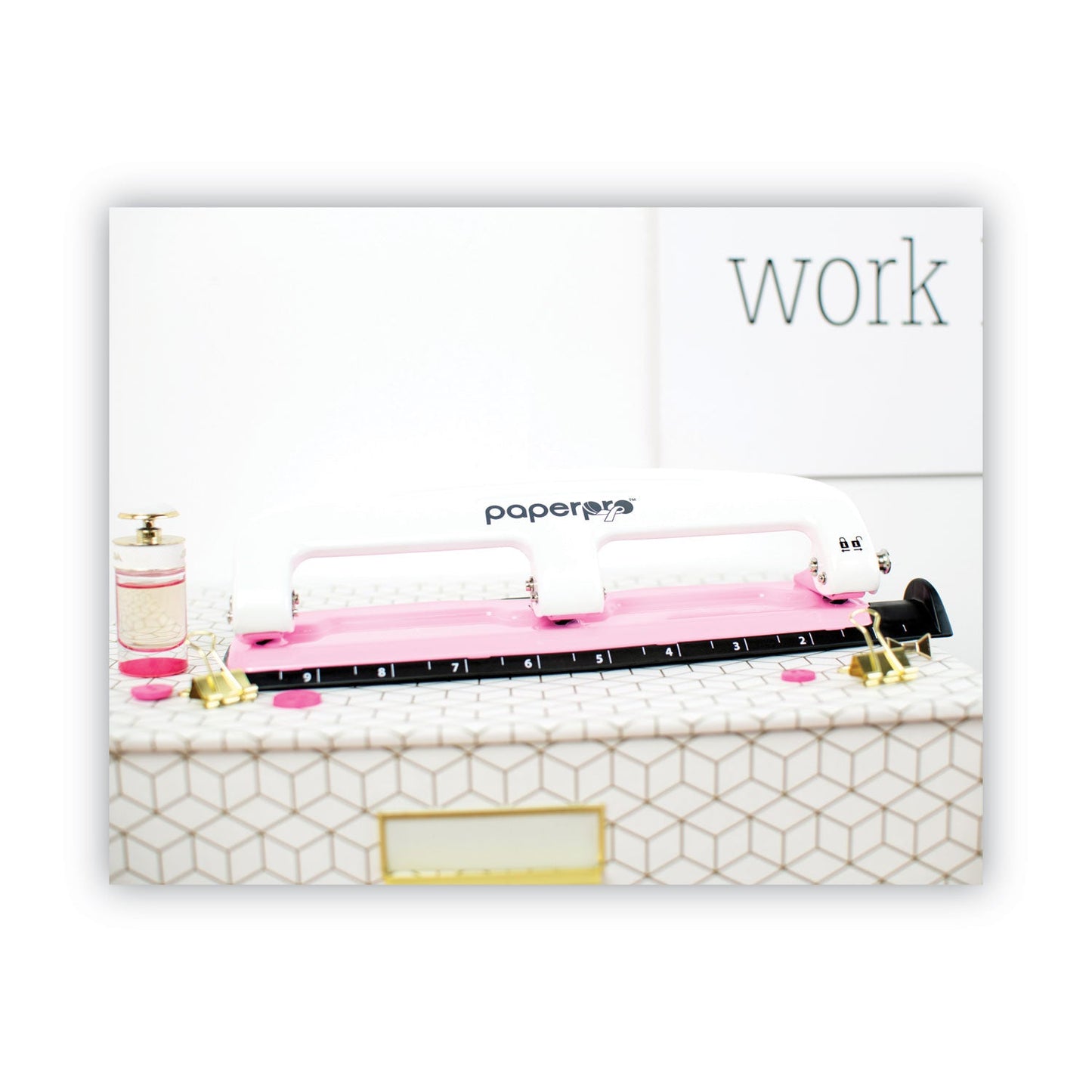 Bostitch 12-Sheet EZ Squeeze InCourage Three-Hole Punch, 9/32" Holes, Pink