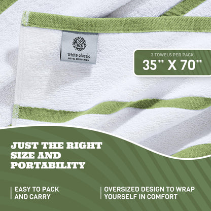 Cotton Pool Towels Oversized 35 x 70 Inch 3 Pack Ultra Absorbent and Low Lint Striped Beach Towels for Adults Stripes Design Luxury Extra Large Bath Towels Green 3 Pack