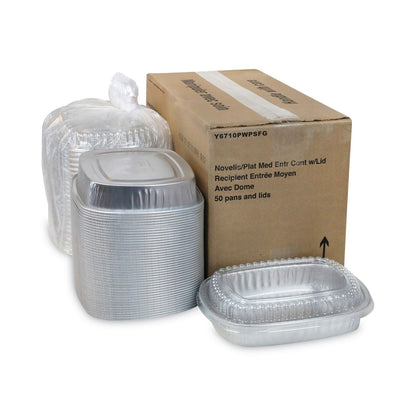 Pactiv Evergreen Classic Carry-Out Container, 46 oz, 9.75 x 7.75 x 1.75, Silver, Aluminum, 50/Carton