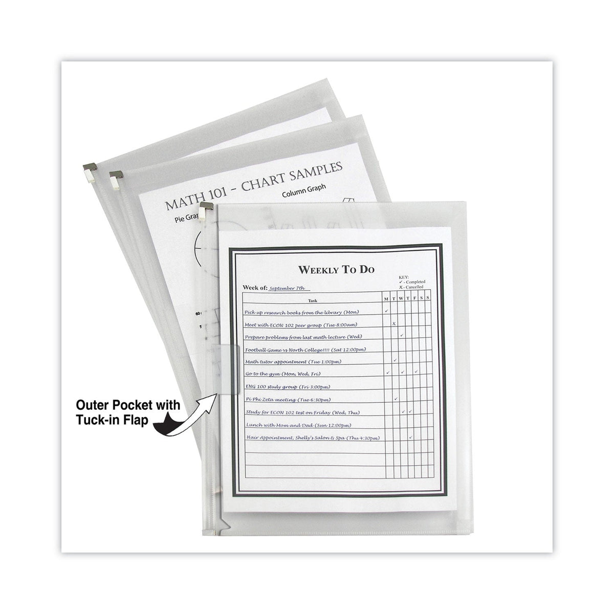 C-Line Zip 'N Go Reusable Envelope with Outer Pocket, 1" Capacity, 2 Sections, 10 x 13, Clear, 3/Pack