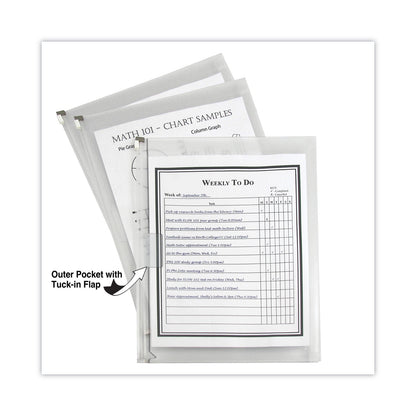 C-Line Zip 'N Go Reusable Envelope with Outer Pocket, 1" Capacity, 2 Sections, 10 x 13, Clear, 3/Pack