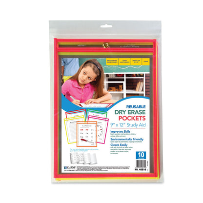 C-Line Reusable Dry Erase Pockets, 9 x 12, Assorted Neon Colors, 10/Pack