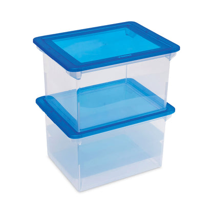 Storex Plastic File Tote, Letter/Legal Files, 18.5" x 14.25" x 10.88", Clear/Blue
