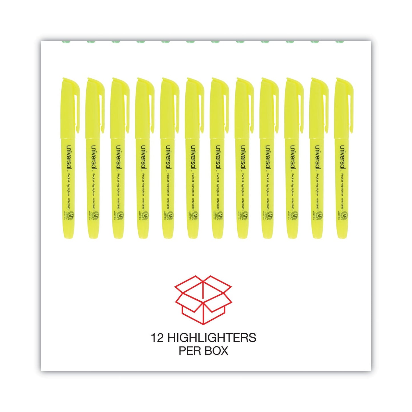 Universal Pocket Highlighters, Fluorescent Yellow Ink, Chisel Tip, Yellow Barrel, Dozen