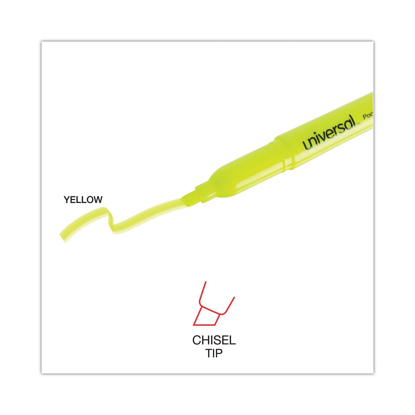 Universal Pocket Highlighters, Fluorescent Yellow Ink, Chisel Tip, Yellow Barrel, Dozen