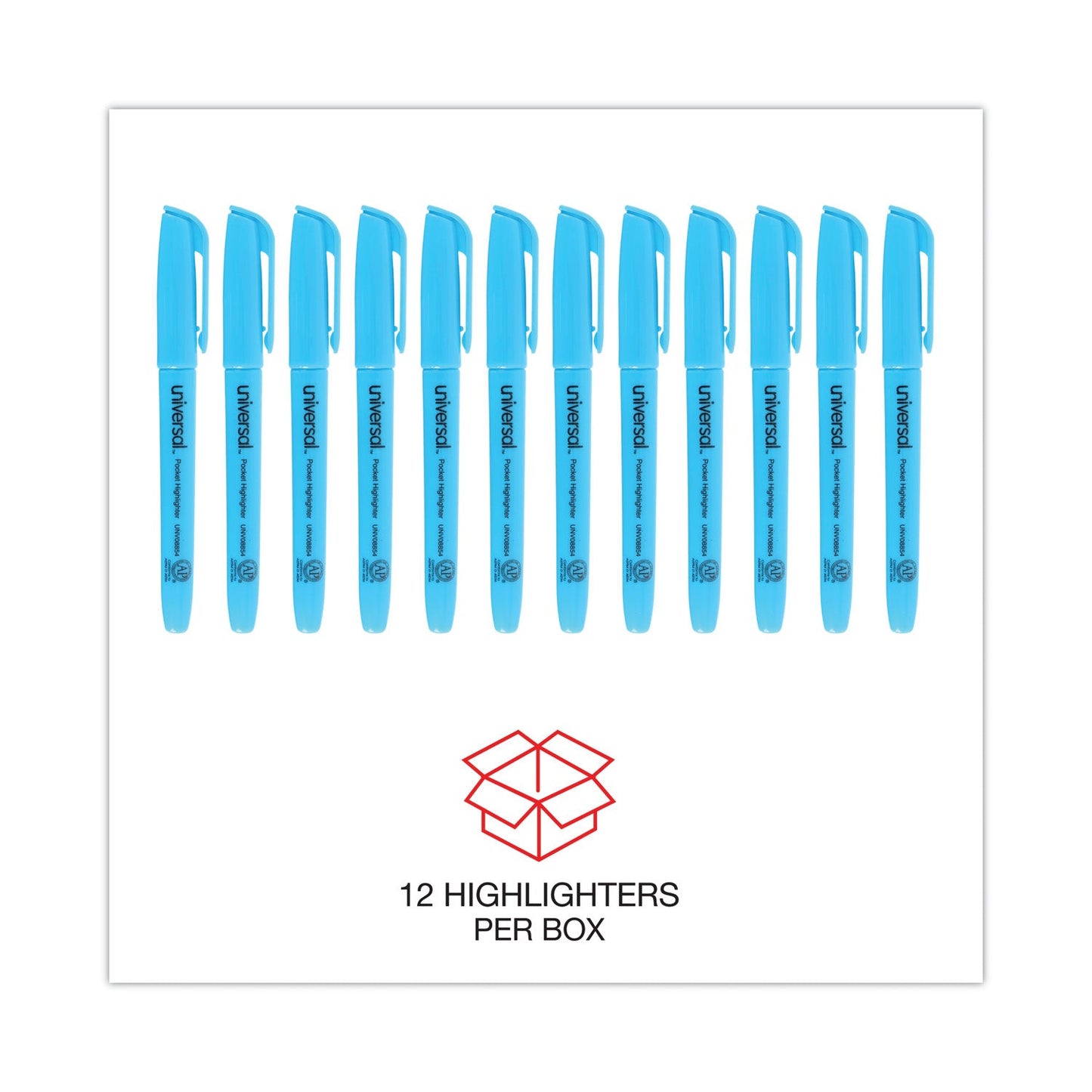 Universal Pocket Highlighters, Fluorescent Blue Ink, Chisel Tip, Blue Barrel, Dozen