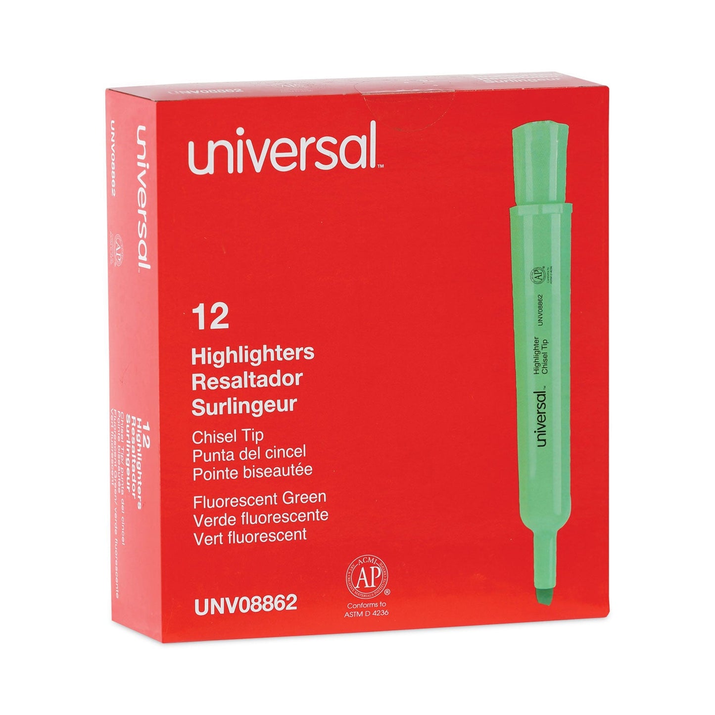 Universal Desk Highlighters, Fluorescent Green Ink, Chisel Tip, Green Barrel, Dozen