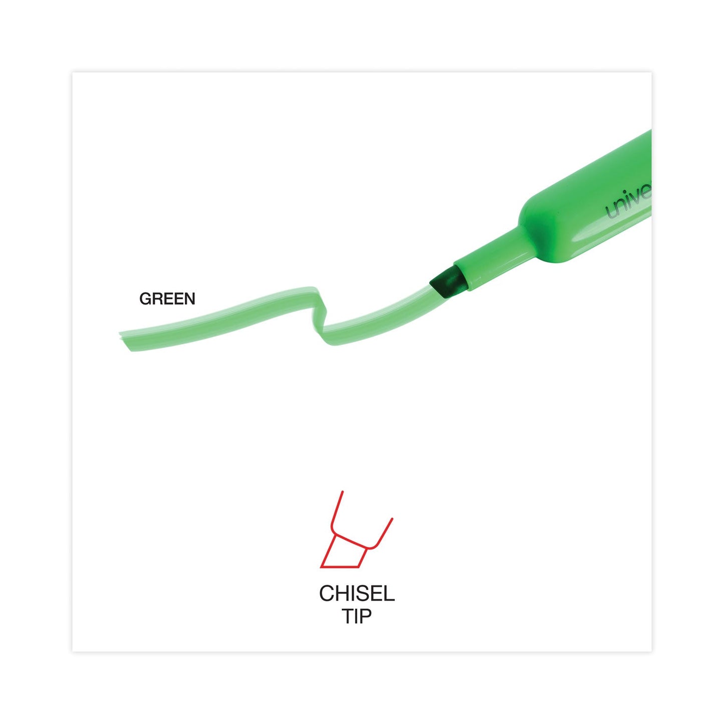 Universal Desk Highlighters, Fluorescent Green Ink, Chisel Tip, Green Barrel, Dozen