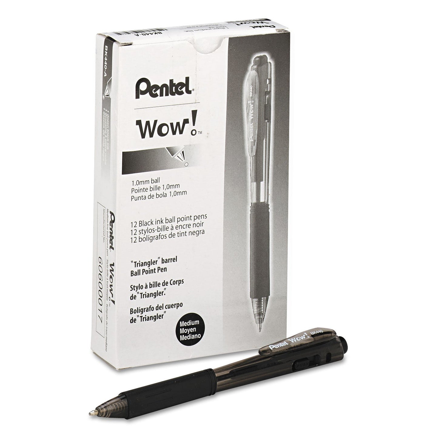 Pentel WOW! Ballpoint Pen, Retractable, Medium 1 mm, Black Ink, Black Barrel, Dozen