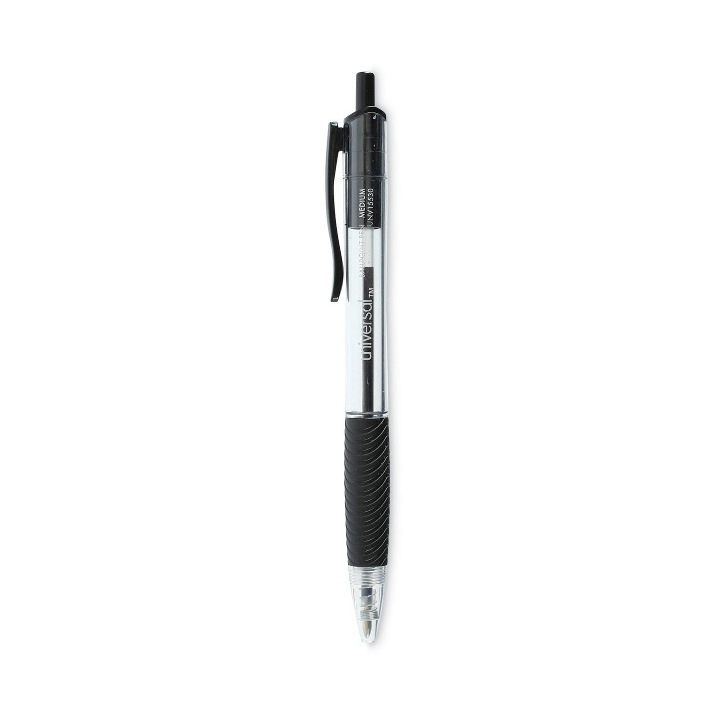 Universal Comfort Grip Ballpoint Pen, Retractable, Medium 1 mm, Black Ink, Clear Barrel, 48/Pack