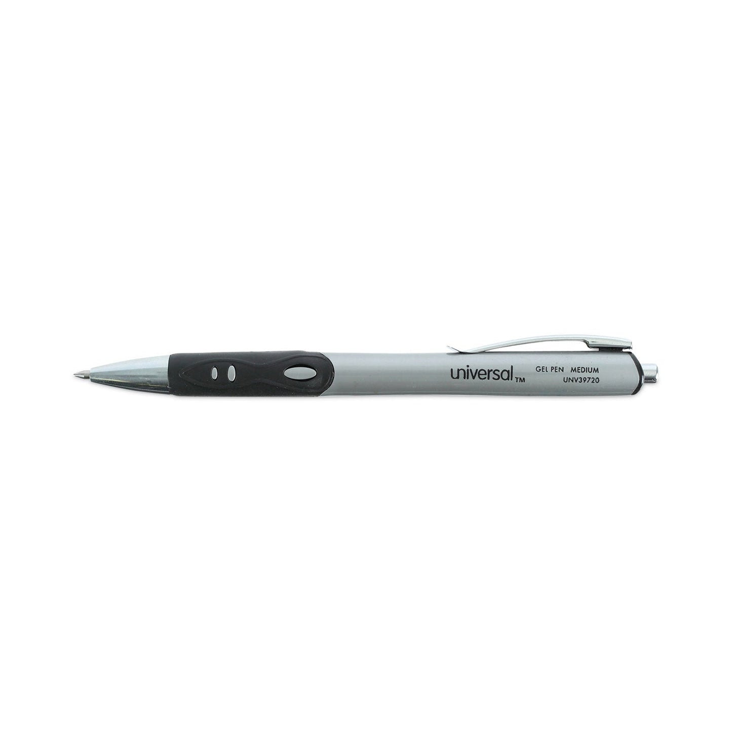 Universal Comfort Grip Gel Pen, Retractable, Medium 0.7 mm, Black Ink, Silver Barrel, Dozen