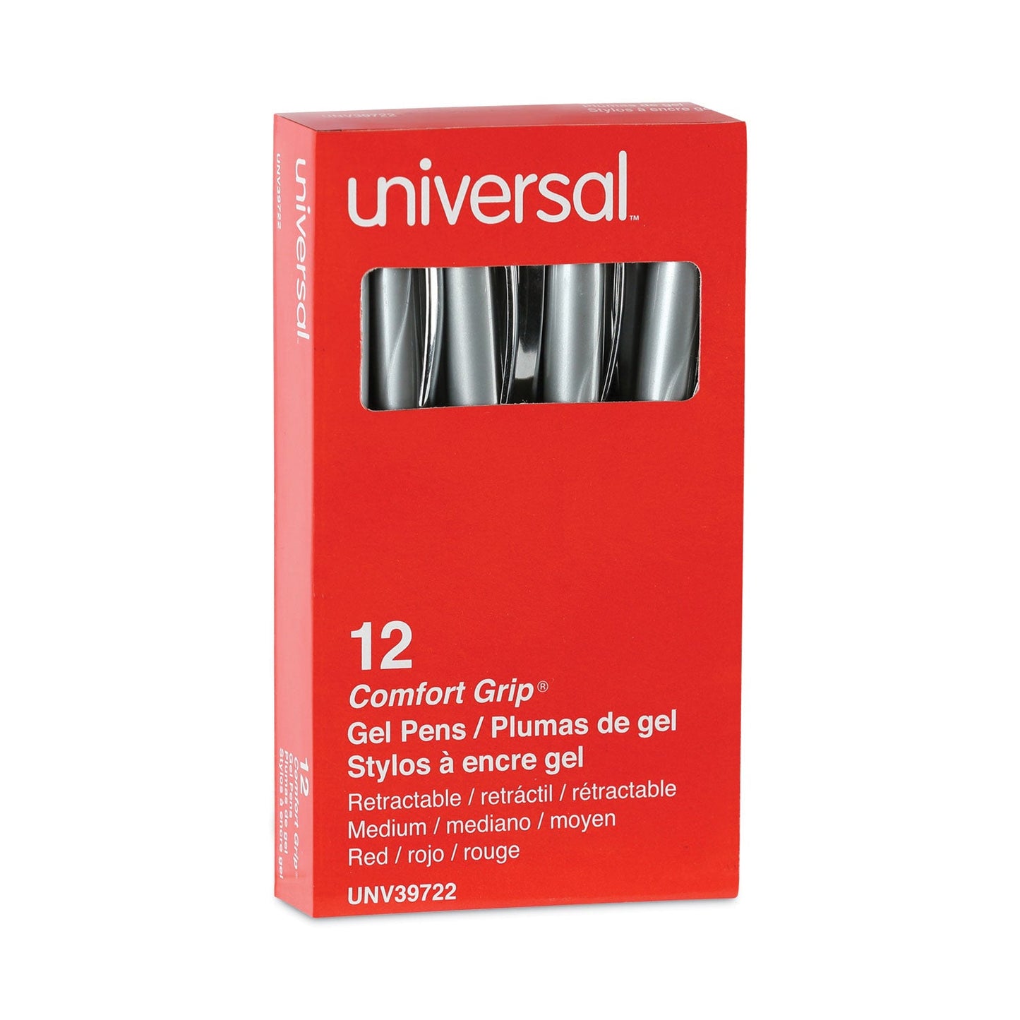 Universal Comfort Grip Gel Pen, Retractable, Medium 0.7 mm, Red Ink, Silver Barrel, Dozen
