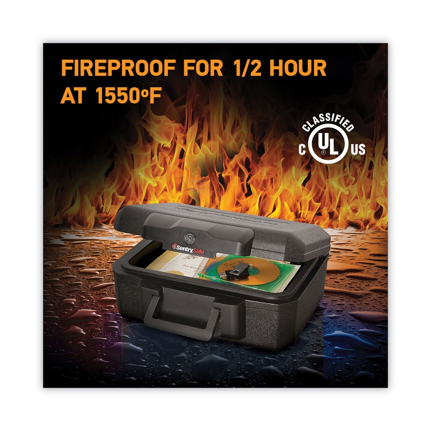 Sentry 1200 Series Fire Chest, 0.18 cu ft, 14.3w x 11.2d x 6.1h, Black