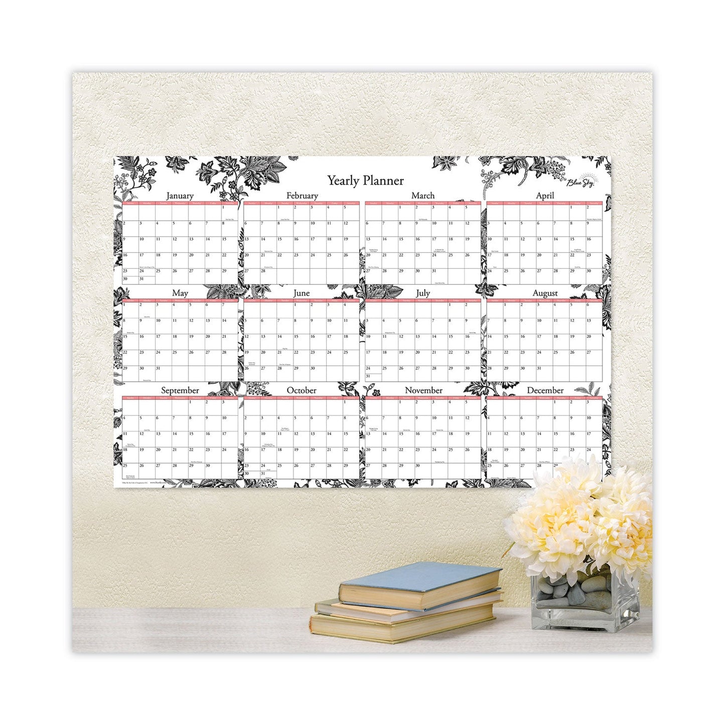 Blue Sky Analeis Laminated Erasable Wall Calendar, Floral Artwork, 36 x 24, White/Black/Coral Sheets, 12-Month (Jan to Dec): 2023