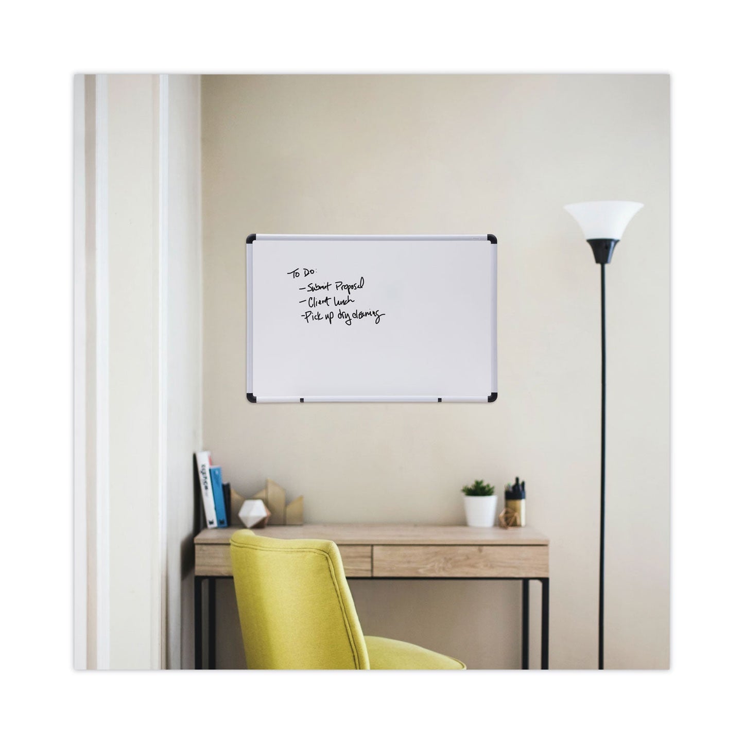 Universal Dry Erase Board, Melamine, 36 x 24, White, Black/Gray Aluminum/Plastic Frame