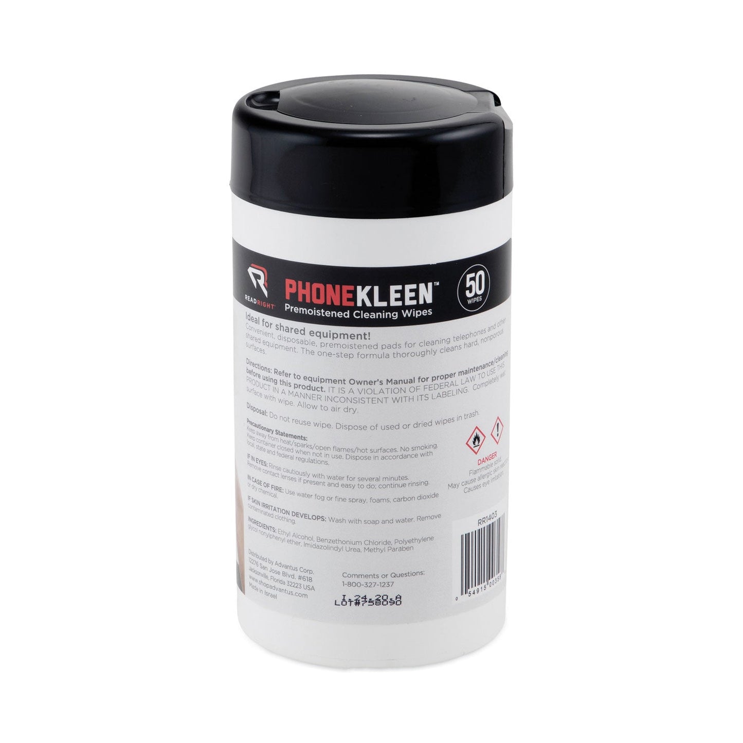 Read Right PhoneKleen Wet Wipes, Cloth, 5 x 5, 50/Tub