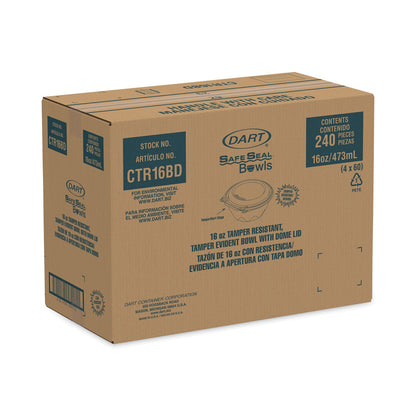 Dart Tamper-Resistant, Tamper-Evident Bowls with Dome Lid, 16 oz, 5.5" Diameter x 3.1"h, Clear, Plastic, 240/Carton