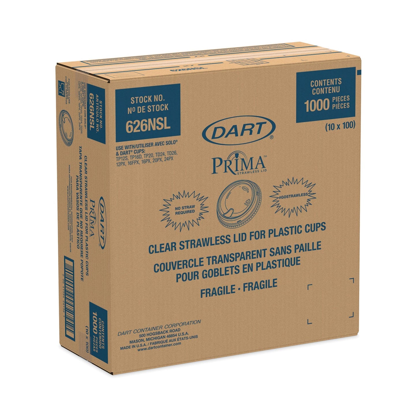 Dart Prima Strawless Plastic Lids, Fits 12 oz to 26 oz Cups, Clear, 1,000/Carton