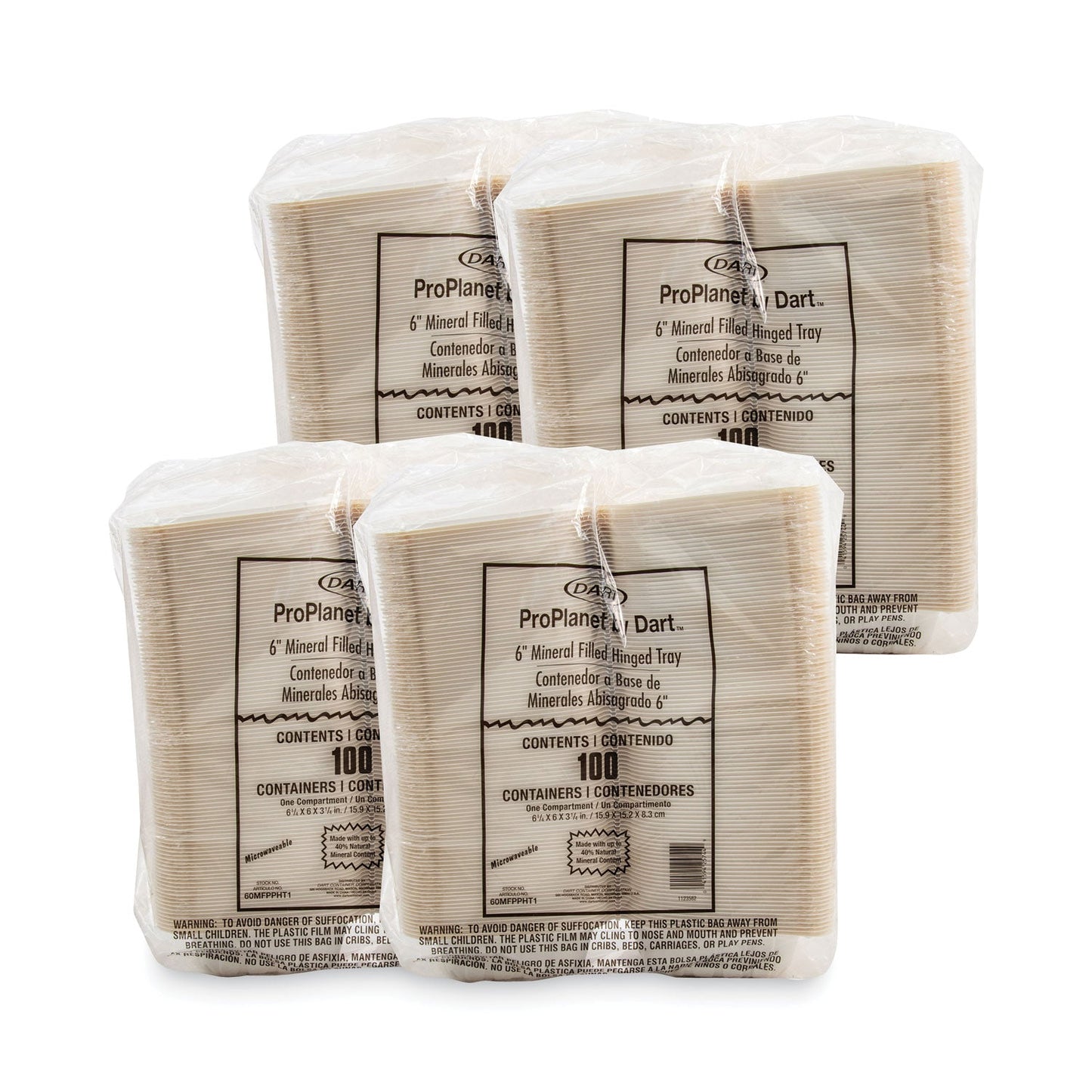 ProPlanet Hinged Lid Containers, 6 x 6.3 x 3.3, White, Plastic, 400/Carton