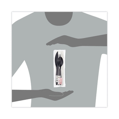 Dart Reliance Mediumweight Cutlery Kit, Knife/Fork/Spoon/Salt/Pepper/Napkin, Black, 250 Kits/Carton