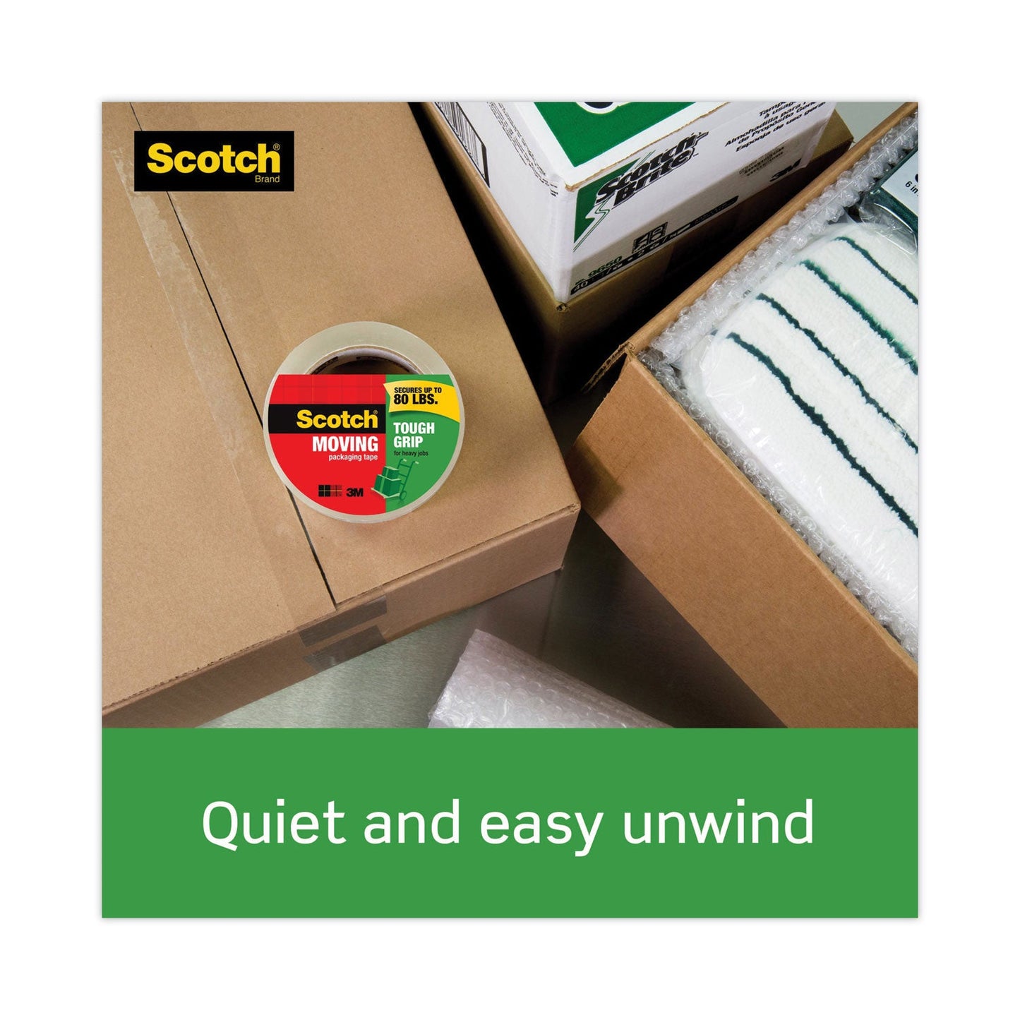 Scotch Tough Grip Moving Packaging Tape, 3" Core, 1.88" x 38.2 yds, Clear, 3/Pack