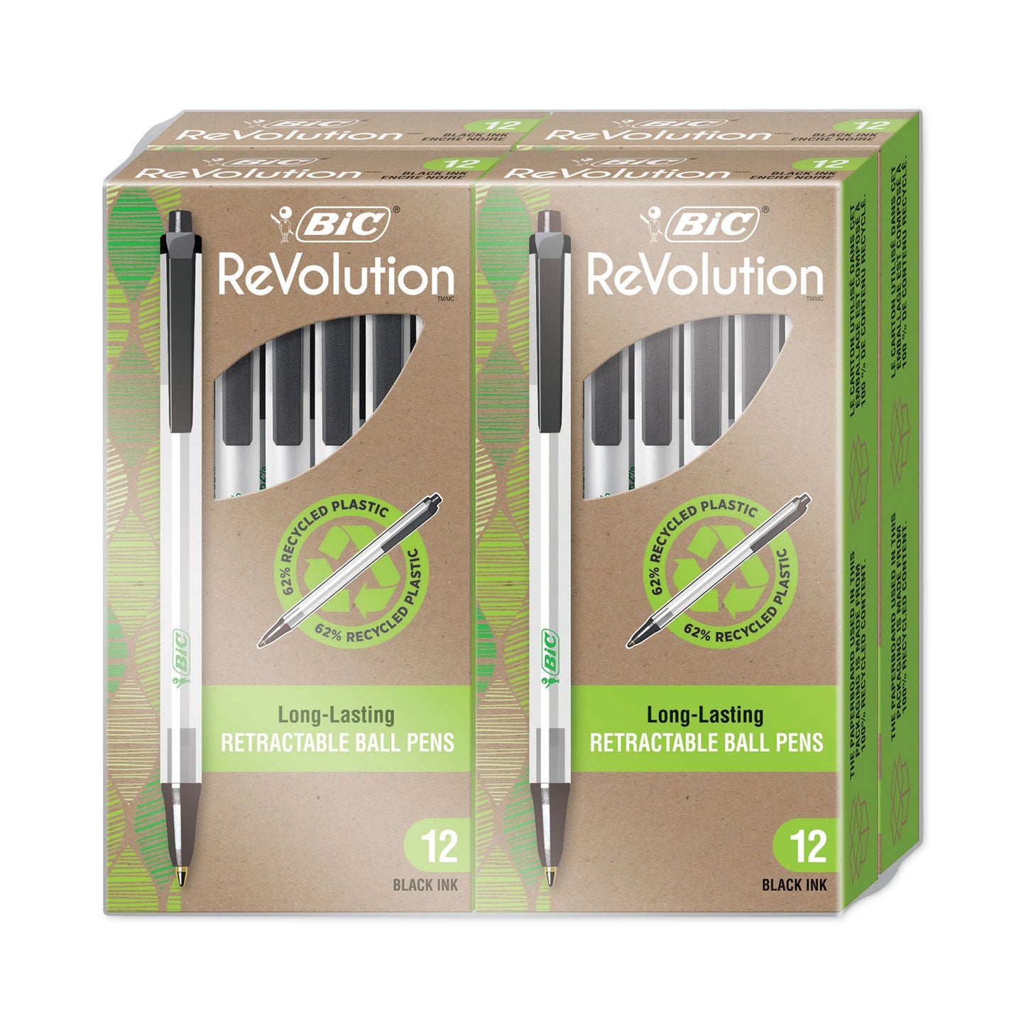 BIC ReVolution Ballpoint Pen, Retractable, Medium 1 mm, Black Ink/Semi-Clear Barrel, 48/Pack