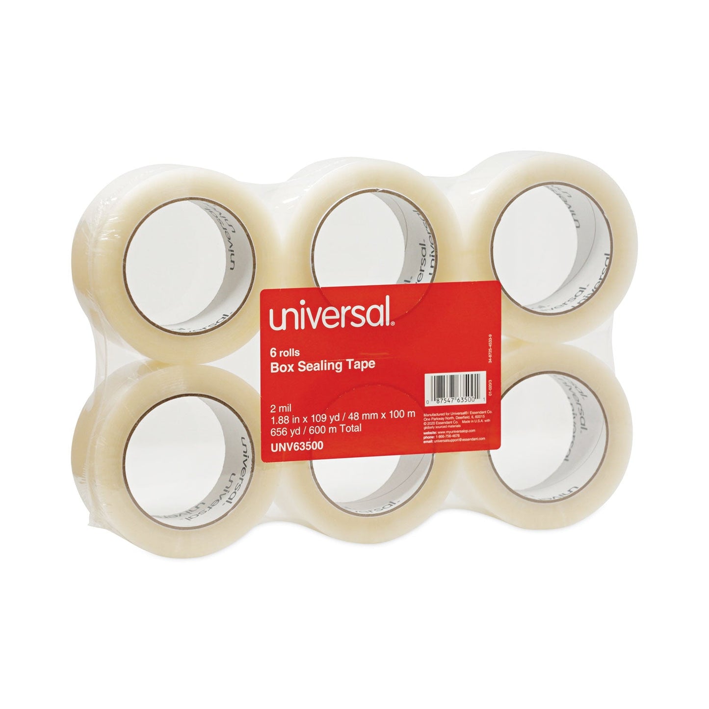 Universal General-Purpose Box Sealing Tape, 3" Core, 1.88" x 110 yds, Clear, 6/Pack