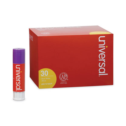Universal Glue Stick Value Pack, 0.28 oz, Applies Purple, Dries Clear, 30/Pack