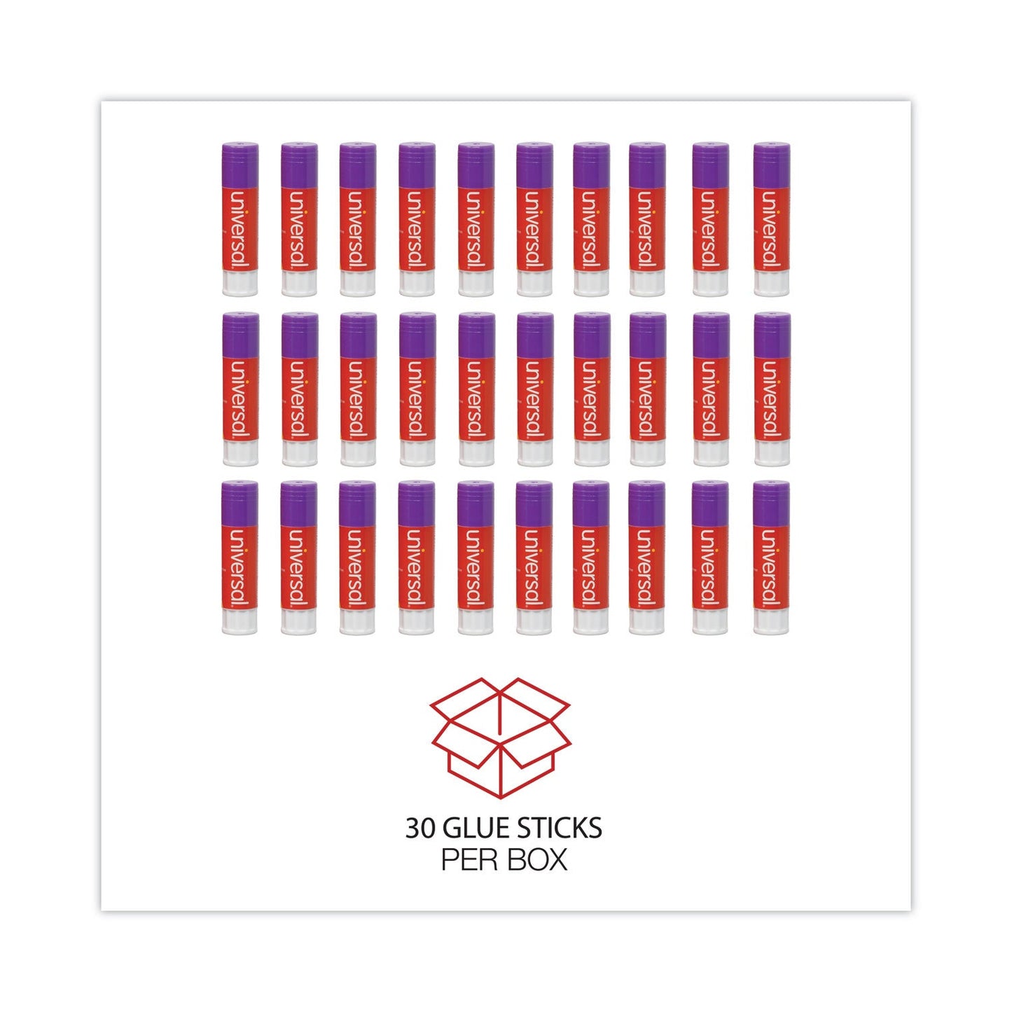 Universal Glue Stick Value Pack, 0.28 oz, Applies Purple, Dries Clear, 30/Pack