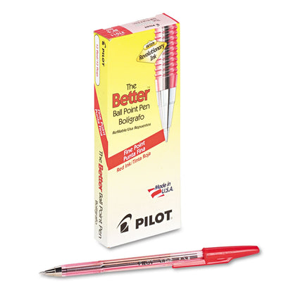 Pilot Better Ballpoint Pen, Stick, Fine 0.7 mm, Red Ink, Translucent Red Barrel, Dozen