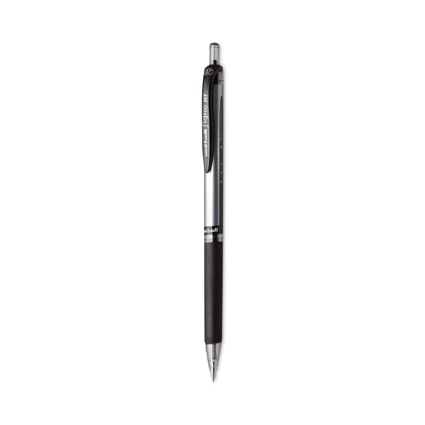 uniball Signo Gel Pen, Retractable, Medium 0.7 mm, Black Ink, Black/Metallic Accents Barrel, Dozen
