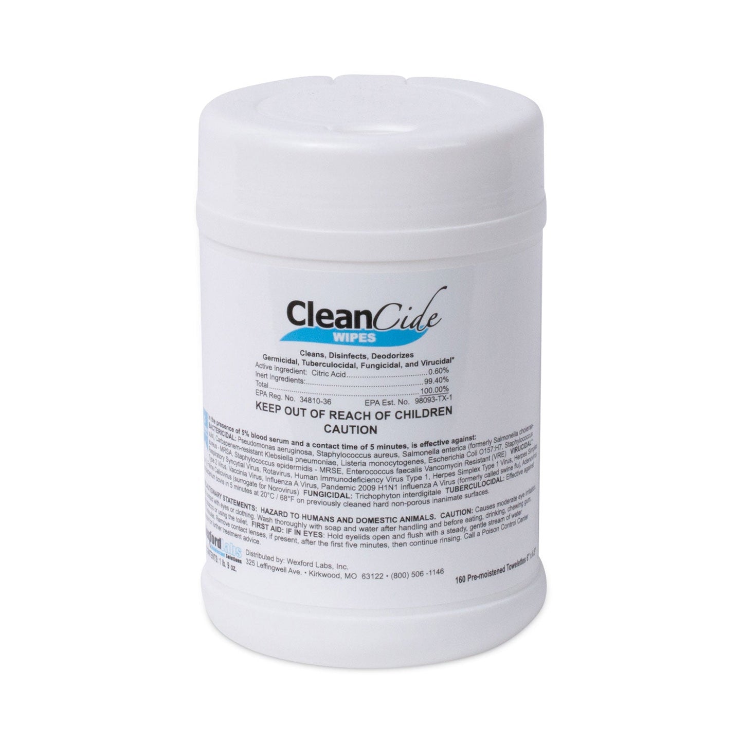 Wexford Labs CleanCide Disinfecting Wipes, 6.5 x 6, Fresh Scent, 160/Canister, 12 Canisters/Carton