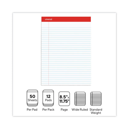 Universal Perforated Ruled Writing Pads, Wide/Legal Rule, Red Headband, 50 White 8.5 x 11.75 Sheets, Dozen