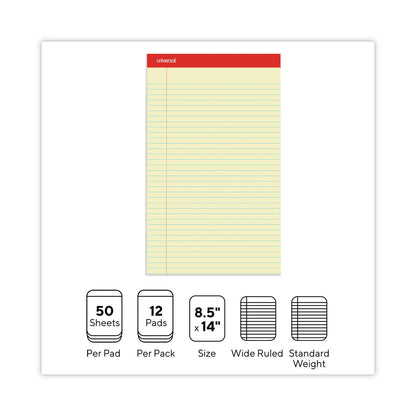 Universal Perforated Ruled Writing Pads, Wide/Legal Rule, Red Headband, 50 Canary-Yellow 8.5 x 14 Sheets, Dozen