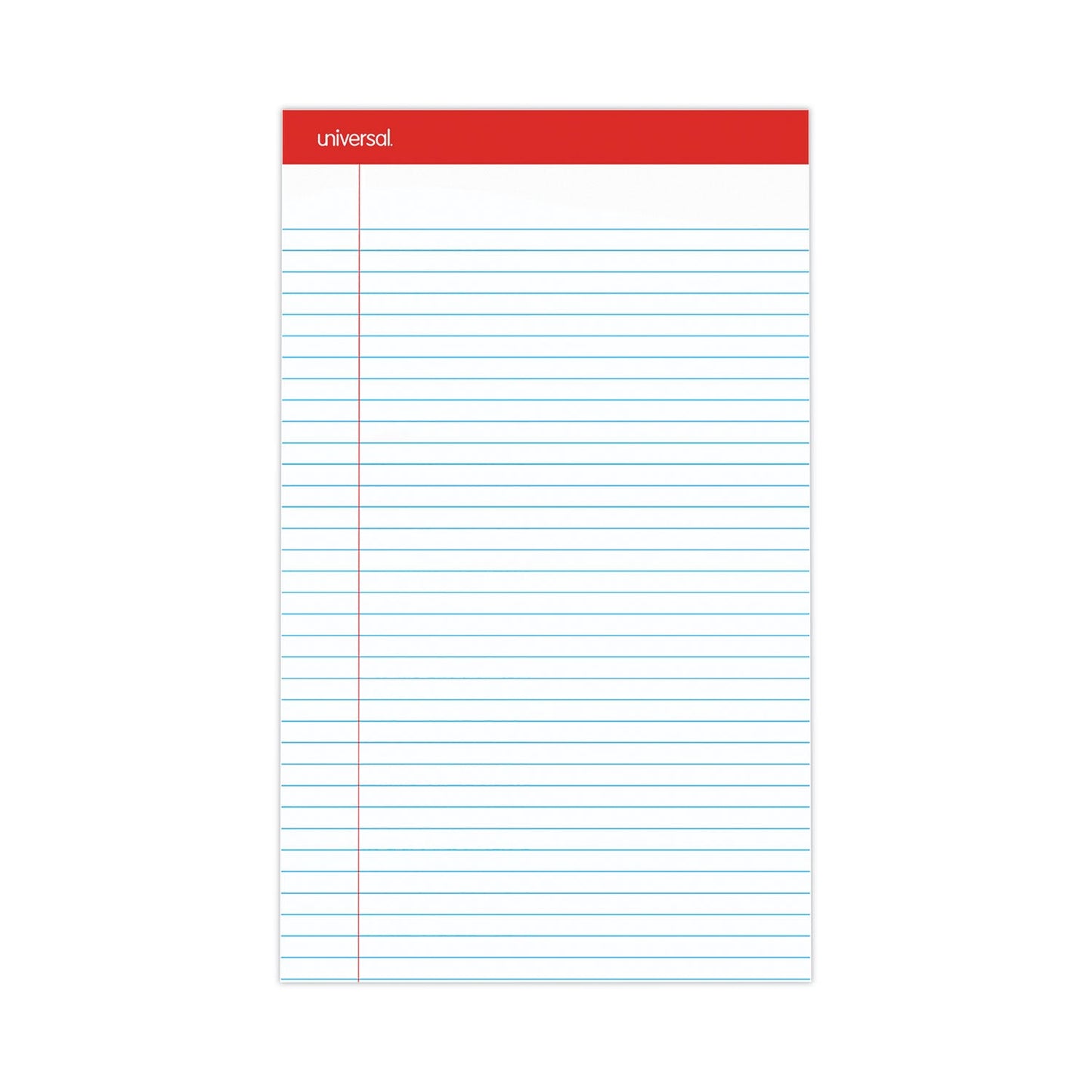 Universal Perforated Ruled Writing Pads, Wide/Legal Rule, Red Headband, 50 White 8.5 x 14 Sheets, Dozen