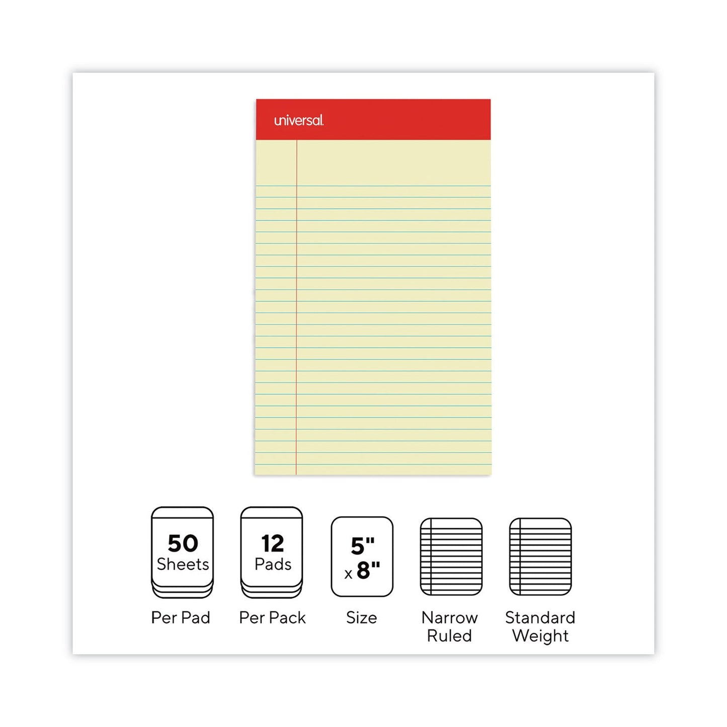 Universal Perforated Ruled Writing Pads, Narrow Rule, Red Headband, 50 Canary-Yellow 5 x 8 Sheets, Dozen