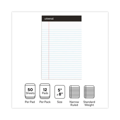 Universal Premium Ruled Writing Pads with Heavy-Duty Back, Narrow Rule, Black Headband, 50 White 5 x 8 Sheets, 12/Pack