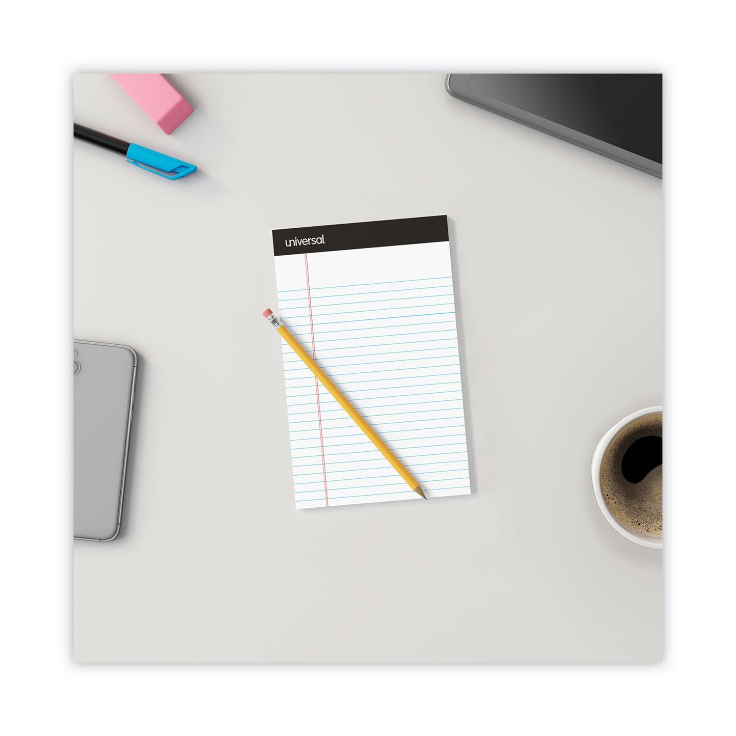 Universal Premium Ruled Writing Pads with Heavy-Duty Back, Narrow Rule, Black Headband, 50 White 5 x 8 Sheets, 12/Pack