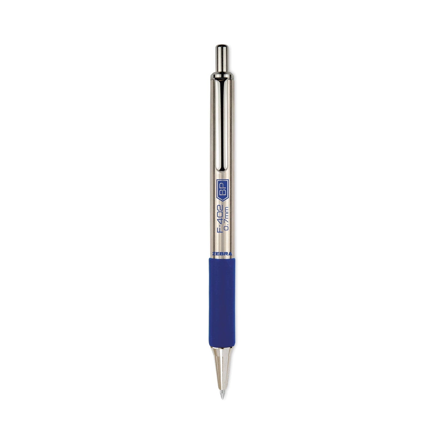 Zebra F-402 Ballpoint Pen, Retractable, Fine 0.7 mm, Blue Ink, Stainless Steel/Blue Barrel, 2/Pack