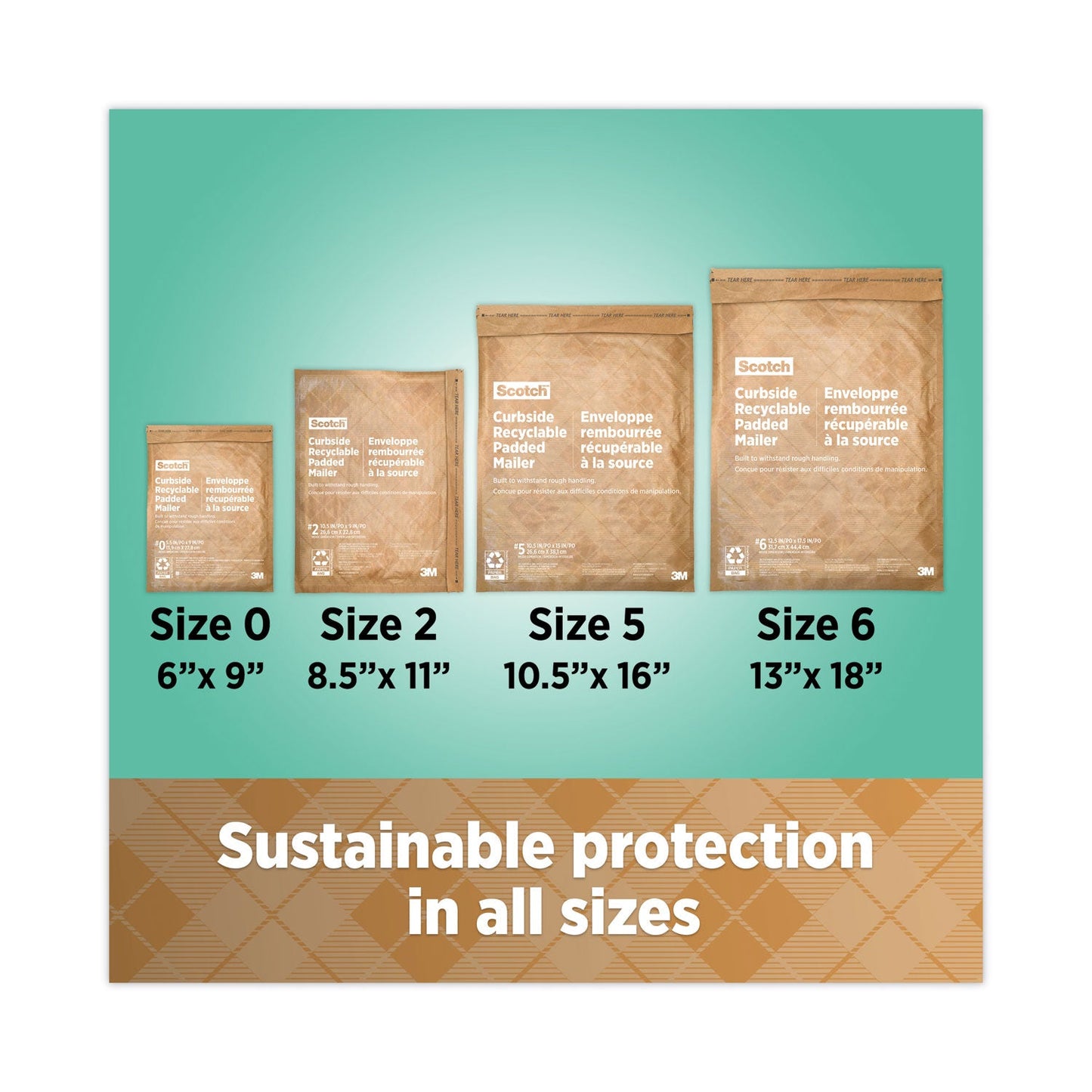 Scotch Curbside Recyclable Padded Mailer, #6, Bubble Cushion, Self-Adhesive Closure, 13.75 x 20, Natural Kraft, 50/Carton