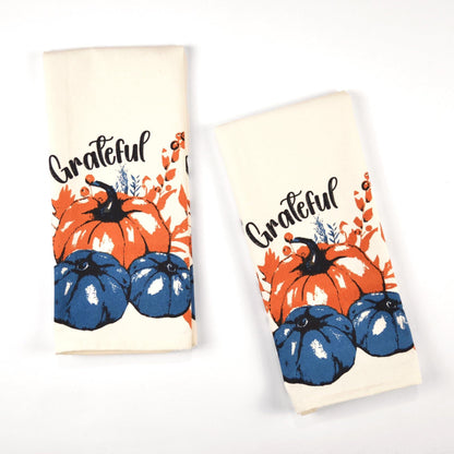 Set of 2 Grateful l Printed Dish Towels Hand Towels Boho Tea Towels Multifunctional Stylish Absorbent Quick Dry Soft 18 x28 100% Cotton Blue & Orange