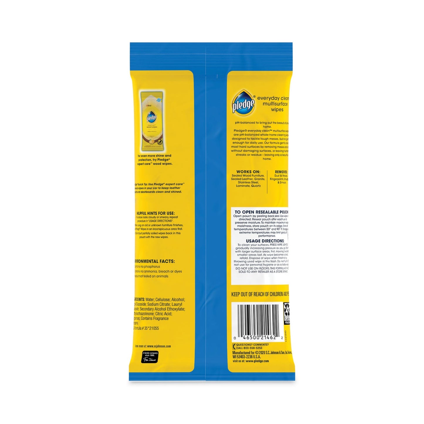 Pledge Multi-Surface Cleaner Wet Wipes, Cloth, 7 x 10, Fresh Citrus, 25/Pack, 12/Carton