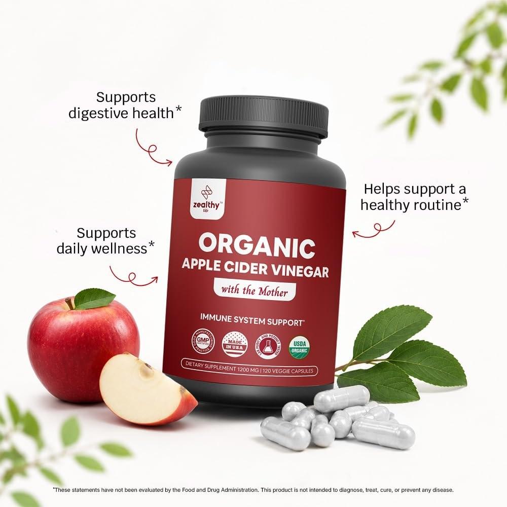 Organic Apple Cider Vinegar with The Mother – 1200mg Capsules for Optimal Wellness, GlutenFree, NonGMO, 120 Veggie Capsules – Zealthy Life