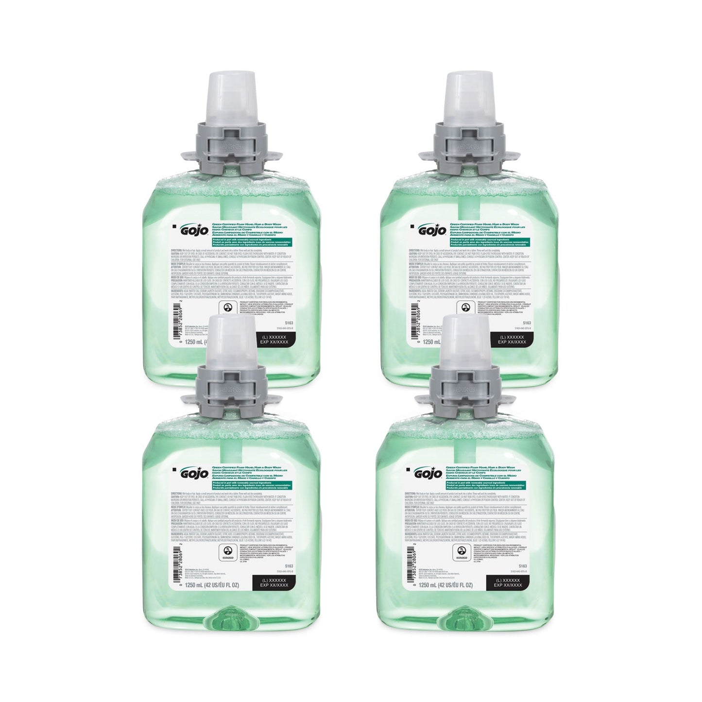 GOJO Green Certified Foam Hair and Body Wash, Cucumber Melon, 1,250 mL Refill, 4/Carton