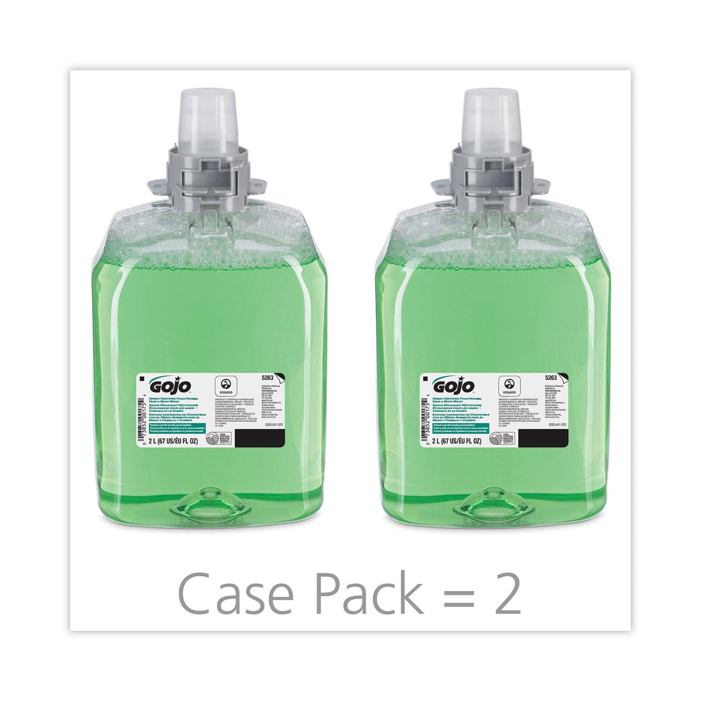 GOJO Green Certified Foam Hair and Body Wash, Cucumber Melon, 2,000 mL Refill, 2/Carton